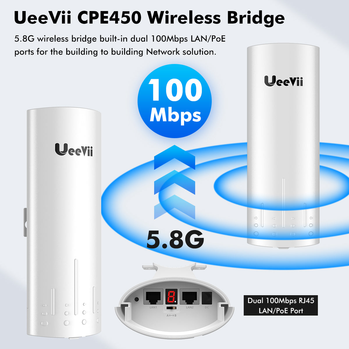 UeeVii CPE450 100Mbps 3KM Point-to-Point Wireless Bridge With Bracket Mount,2 Pack
